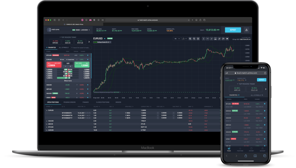 Screenshots from the Match-Prime liquidity platform displayed on a laptop and a smartphone