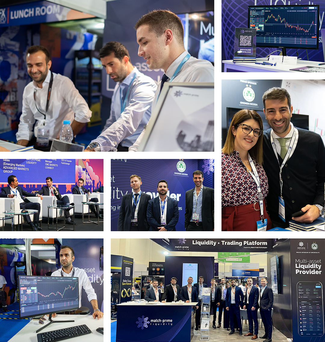 A collage of 7 photos showing the employees of the Match-Prime liquidity provider 